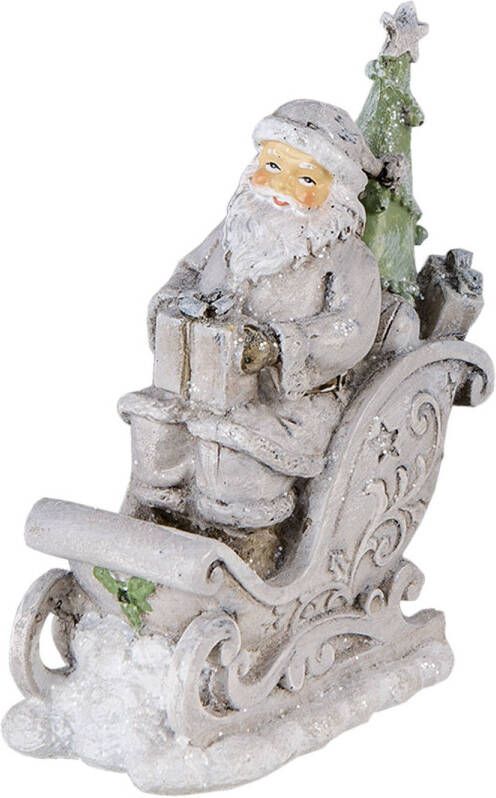 Clayre & Eef Zilvere Decoratie kerstman in slee 10*6*13 cm 6PR4727
