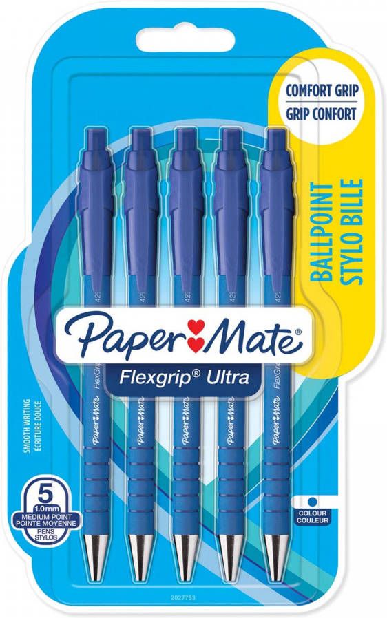 Paagman Paper Mate balpen Flexgrip Ultra RT medium blister van 5 stuks blauw