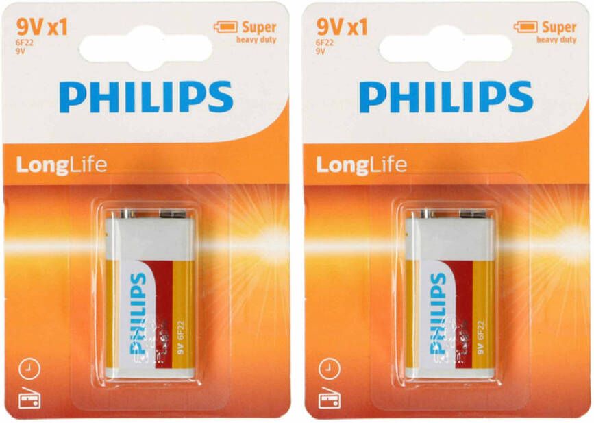Philips 9V Long life batterij 2x alkaline 9 Volt blokbatterijen batterij 9v blok