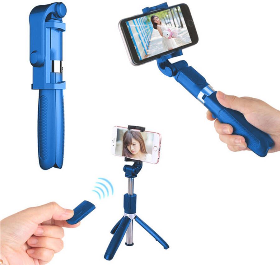 Premium Commerce Selfie Stick Tripod Statief Smartphone Universeel Bluetooth Blauw Incl. Afstandsbediening! (3 in 1)