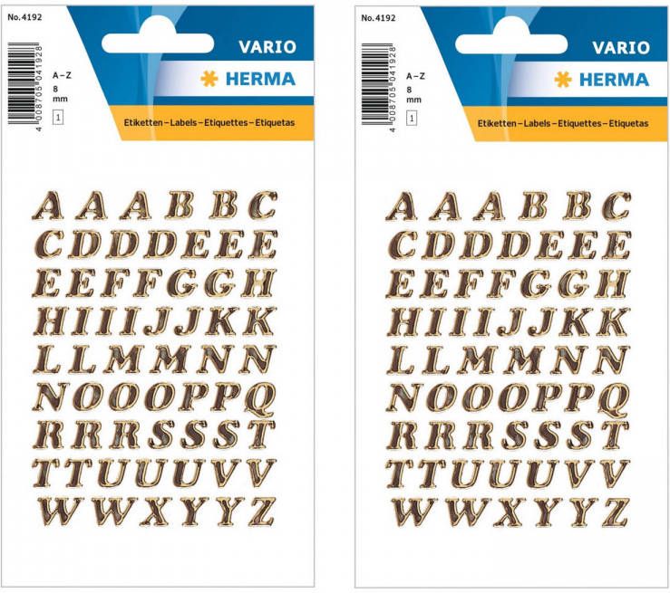 Shoppartners 2x Stickervelletjes met 61x stuks plak letters alfabet A tot Z goud folie 8 mm Stickers