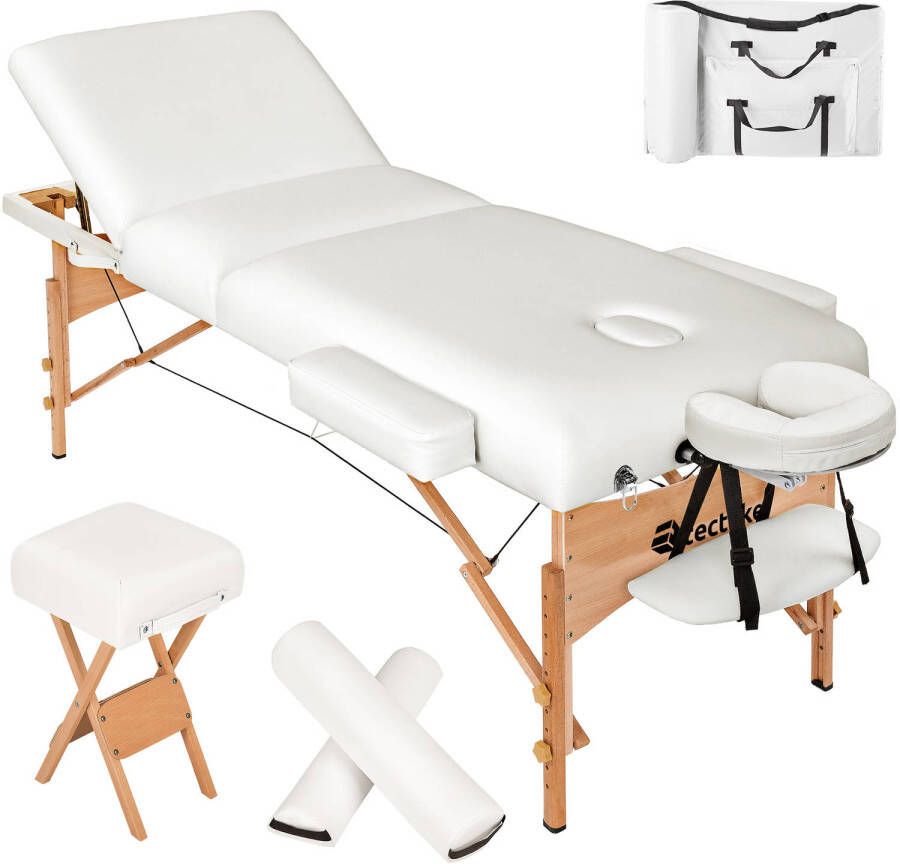 Tectake Massagetafel matras 10 cm hoog en houten frame + rolkussens draagtas en kruk wit 400186