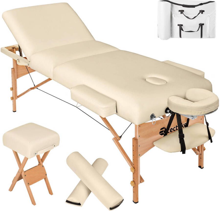 Tectake Massagetafel matras van 10 cm hoog en houten frame + rolkussens draagtas en kruk beige 400187