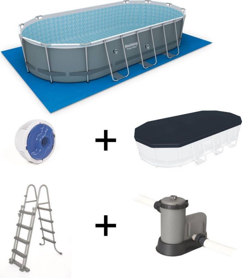 Alice's Garden Zwembad groot compete kit BESTWAY – Spinelle 15m² grijs – ovaal zwembad met buizen 5x3 m filterpomp trap afdekhoes