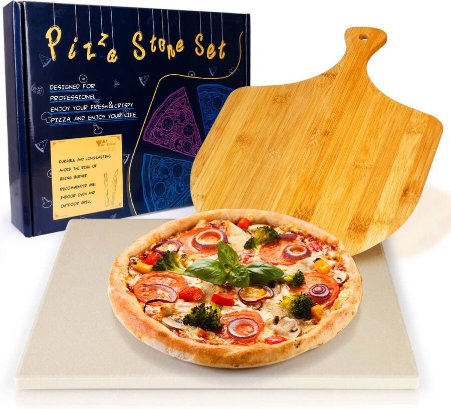 Amzdeal Pizzasteenset voor grill en oven cordieriet pizzapan met recepten 30cmx38cm met pizzaschep 39.5cmx28.2cm