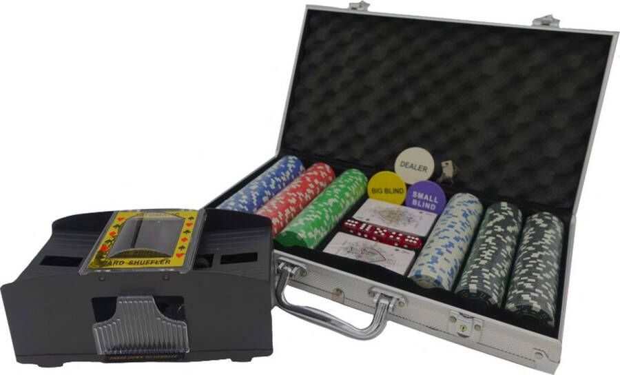 Ariko Deluxe Pokerset Met Kaart Schudmachine Aluminium Koffer Pro Poker Set Met 300 Chips & Poker Kaarten Pokerkoffer