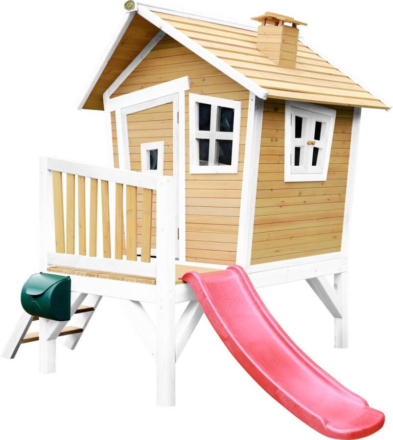AXI Robin Speelhuis in Bruin Wit Met Verdieping en Rode Glijbaan Speelhuisje voor de tuin buiten FSC hout Speeltoestel voor kinderen
