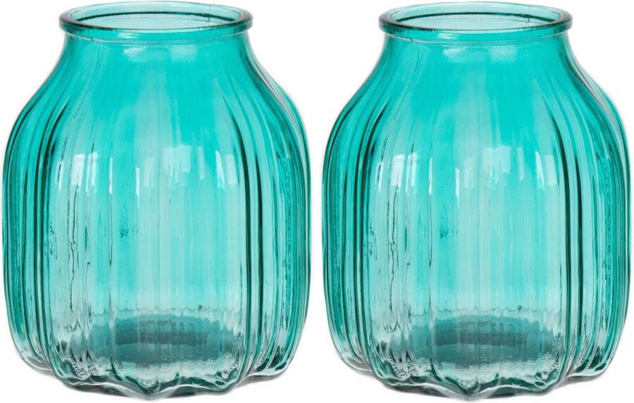Bellatio Design Bloemenvaas 2x turquoise blauw transparant glas D14 x H16 cm vaas
