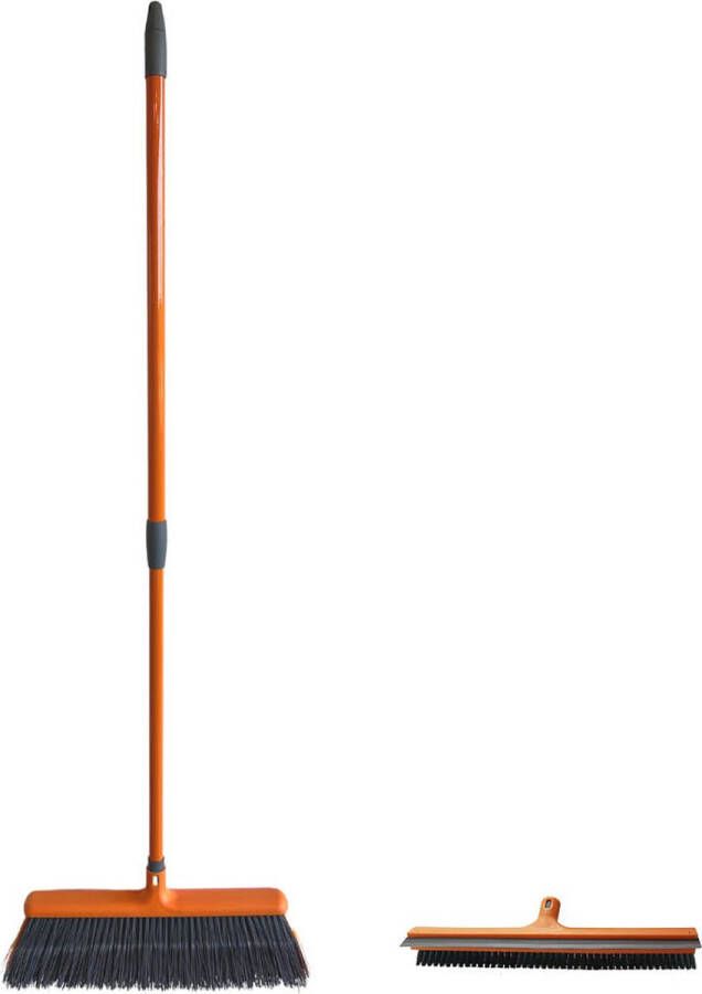 Broom – The Roadmender Bezem + 2-in-1 schoonmaakborstel met steel buiten met uniek gebogen borstel telescopisch handvat om hoge oppervlakte te bereiken lengte tot 140cm schoonmaakborstel met harde borstel en wisser universeel schroefpunt