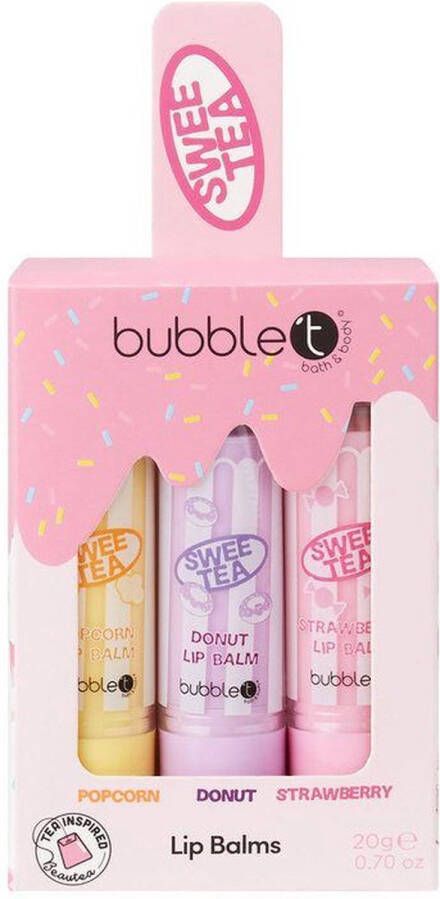 Bubble T Cosmetics Bubble T Sweetea lippenbalsemset Kerstcadeaus Popcorn Donut en Aarbei smaak Lippenbalsem cadeauset 3 x 4 5 g