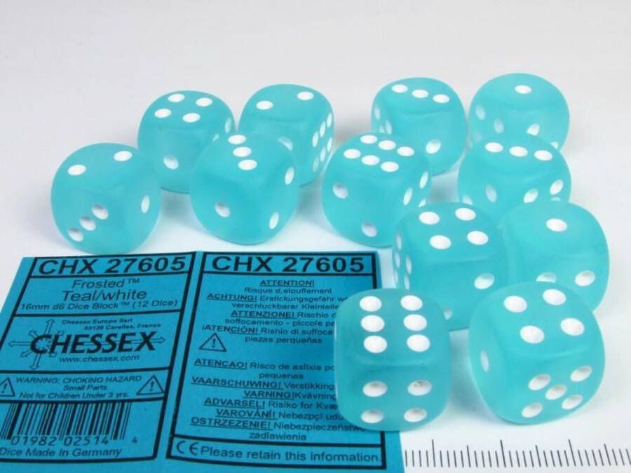 Chessex Frosted Teal white D6 16mm Dobbelsteen Set (12 stuks)