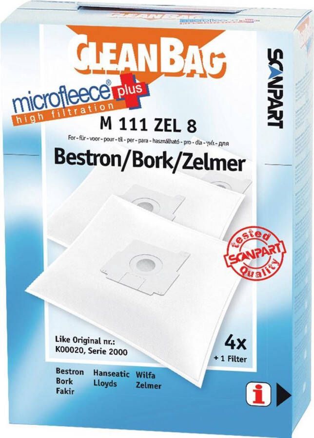 Cleanbag stofzuigerzakken 4 stuks Geschikt voor Bestron Bork Zelmer K00020 Serie 2000 Inclusief 1 filter Alternatief