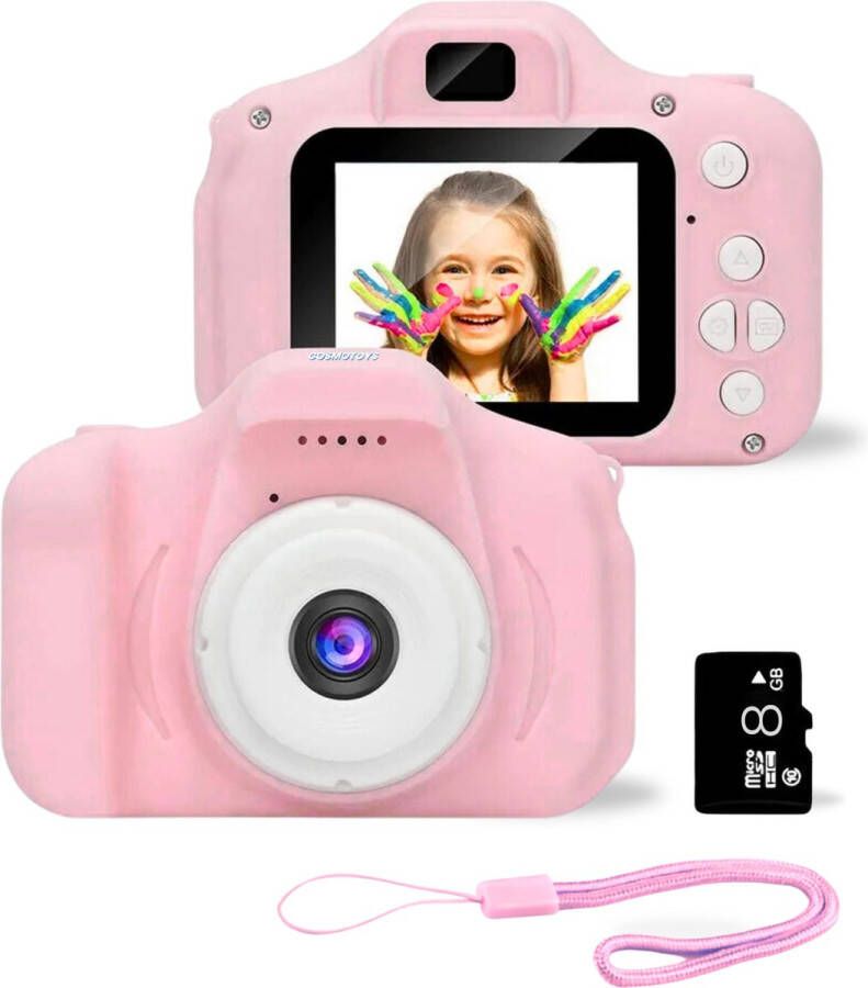 CosmoToys Kindercamera FULL HD Incl. SD-Kaart en Veiligheidsriem Speelgoed 3 4 & 5 Jaar Camera Kinderen Vlog Camera voor Beginners Roze