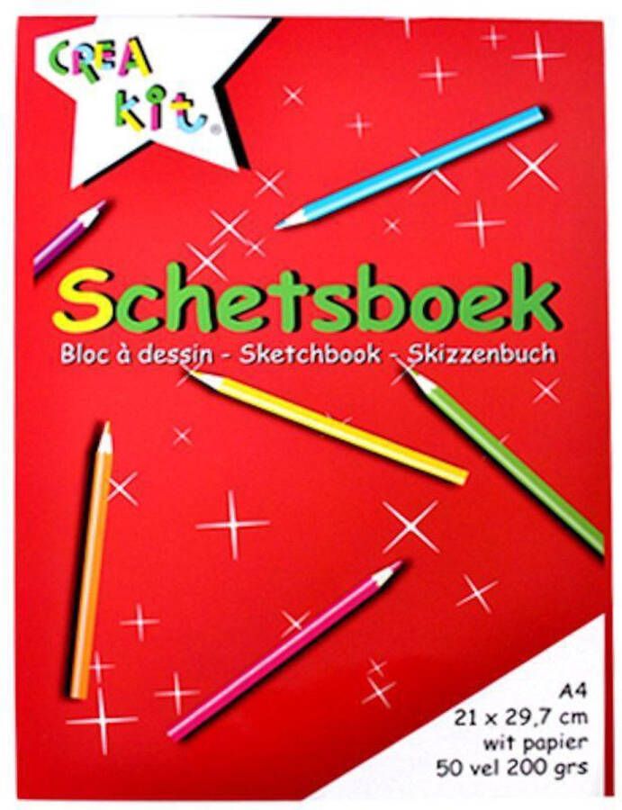 CreaKit Schetsboek – Tekenpapier A4 Formaat – 50 Vellen 21 x 29.7 cm – Gelijmd aan bovenzijde Wit papier – 200 Gram