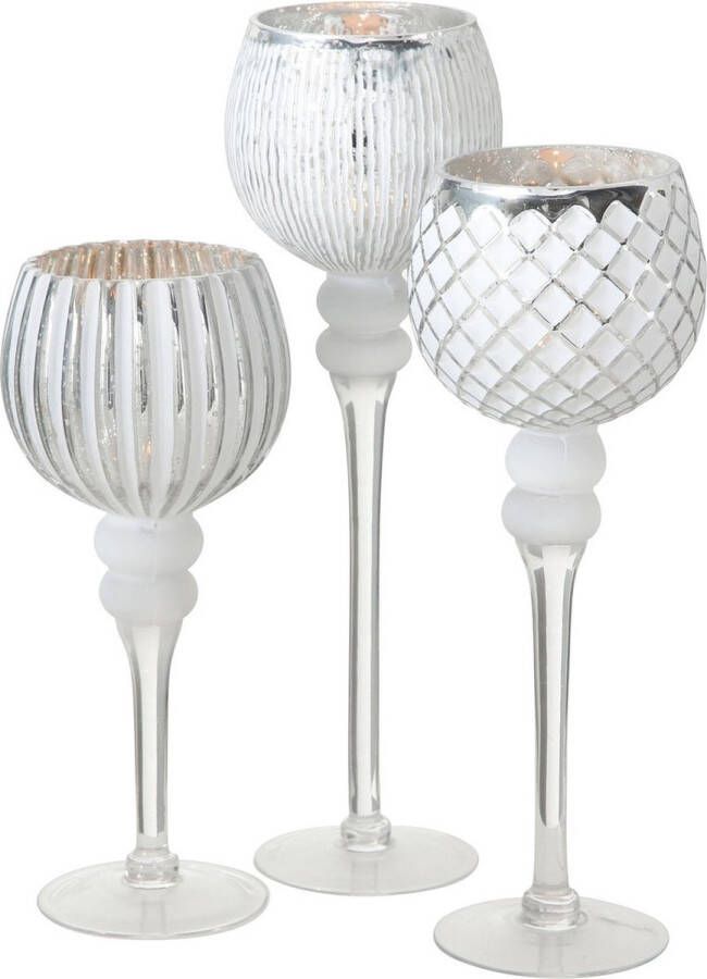 Deco by Boltze Luxe glazen design kaarsenhouders windlichten set van 3x stuks zilver wit transparant met formaat tussen de 30 en 40 cm
