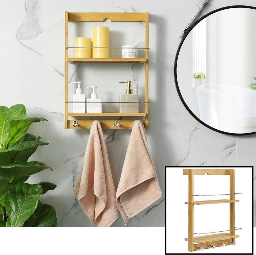 Decopatent ® Hangend badkamerrek van bamboe hout 2 legplanken en 4 handdoekhaakjes Handdoekenrek Handdoekenhouder Wandrek
