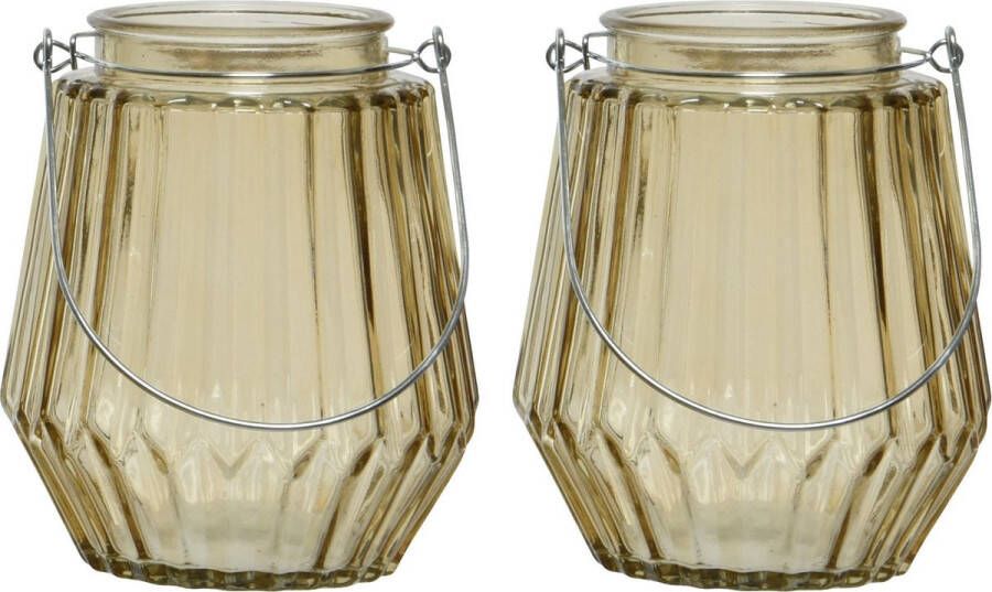 Decoris 2x stuks theelichthouders waxinelichthouders streepjes glas taupe met metalen handvat 11 x 13 cm Windlichtjes kaarsenhouders