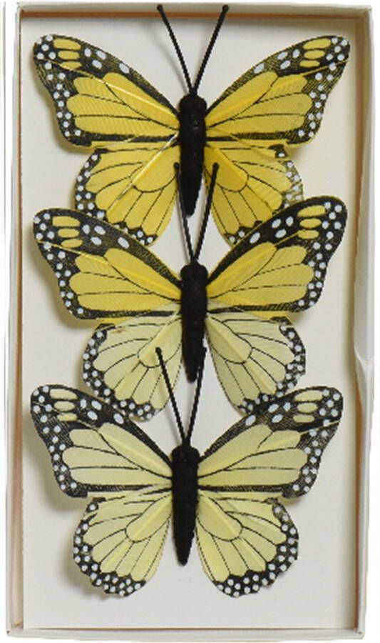 Decoris decoratie vlinders op draad 3x geel 8 x 6 cm Hobbydecoratieobject