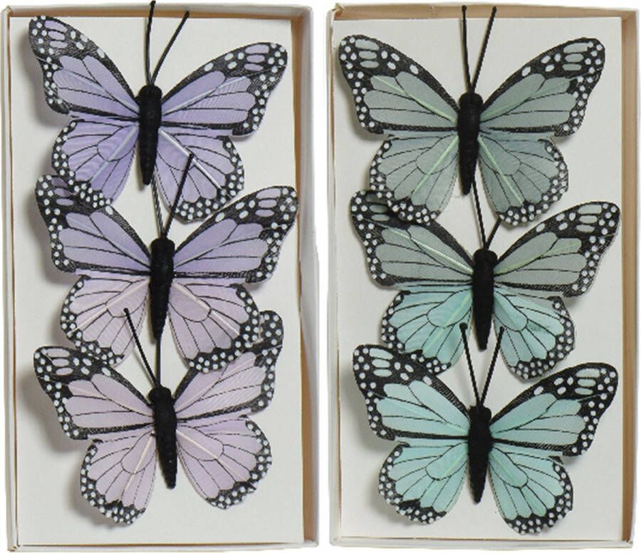 Decoris 6x stuks decoratie vlinders op draad blauw paars 6 cm Hobbydecoratieobject