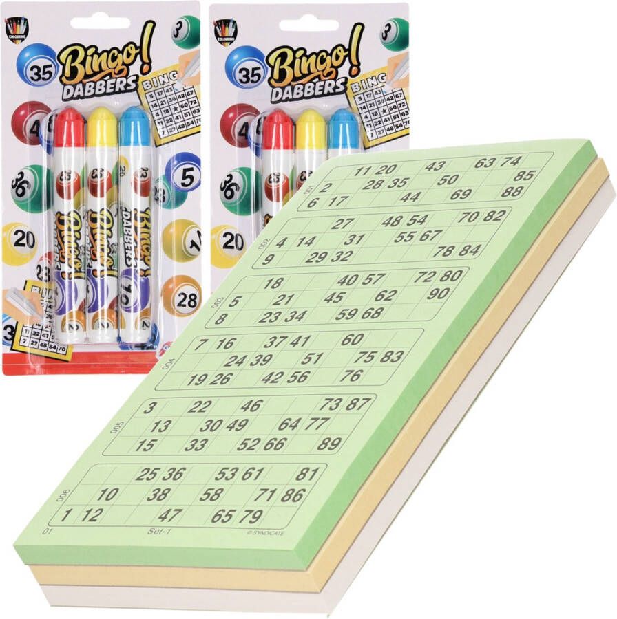 Merkloos Sans marque 100x Bingokaarten nummers 1-90 inclusief 6x bingo stiften blauw geel rood