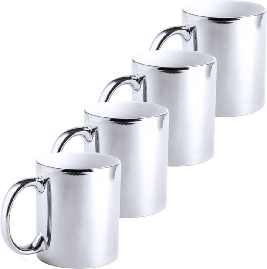 Merkloos Sans marque 4x Metallic zilveren koffiebekers theemokken keramisch 350 ml Servies Bekers mokken