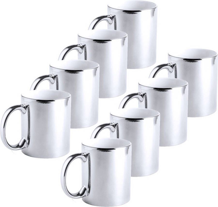 Merkloos Sans marque 8x Metallic zilveren koffiebekers theemokken keramisch 350 ml Servies Bekers mokken