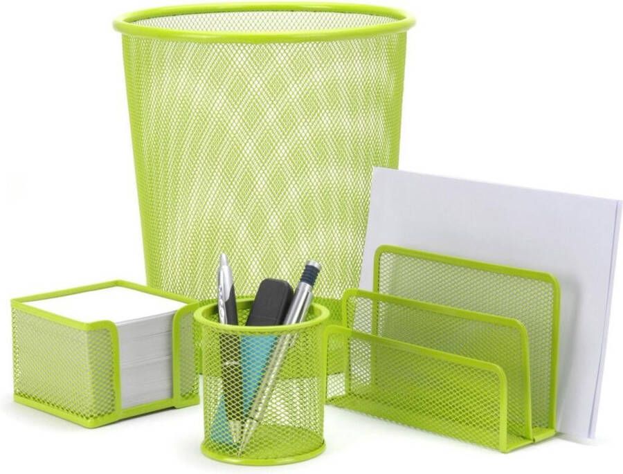 Merkloos Sans marque Set van 2x stuks bureauset groen van metaal met prullenbak en pennenbakje Kantoor set Bureau set