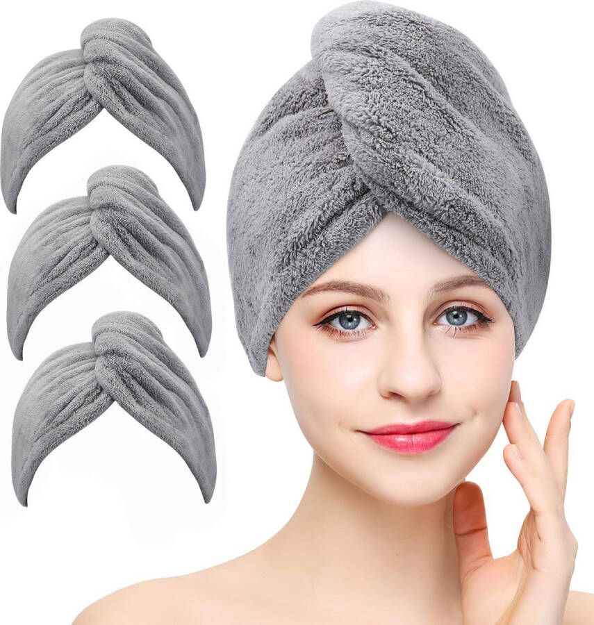 3-pack microvezel haardrooghanddoek wikkelhanddoek superabsorberende twist-tulband sneldrogende haarkappen met knopen en lus droogkap voor haar geschikt voor badkamer en kapsalon (Grijs Roze Blauw) (Grijs)