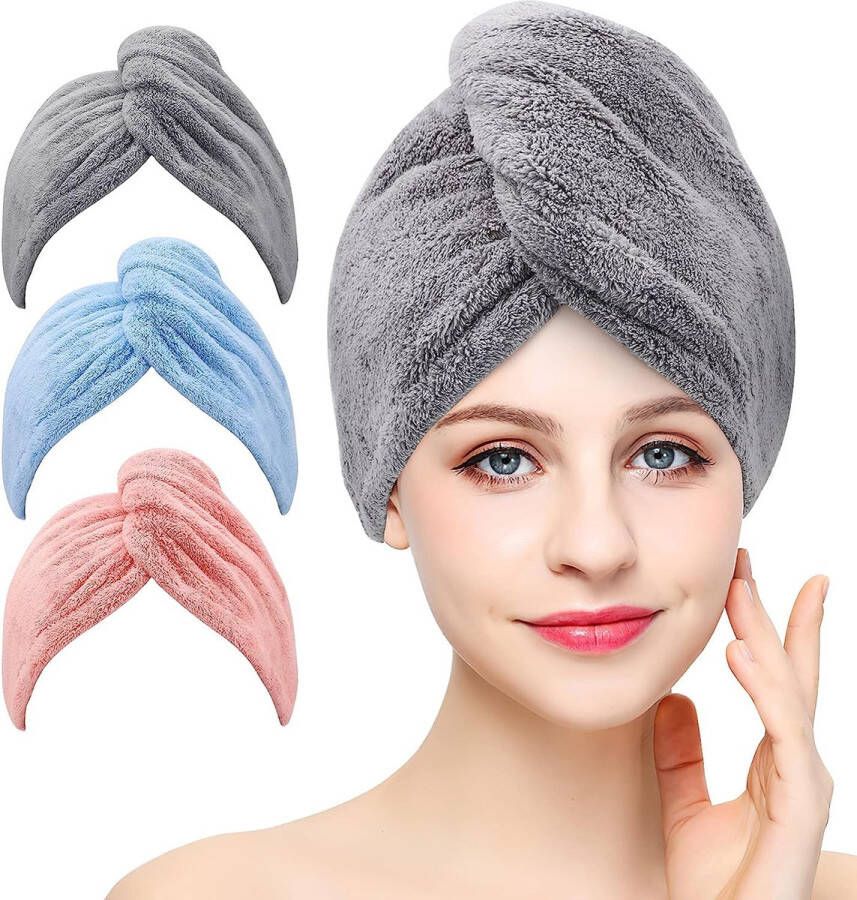 3-pack microvezel haardrooghanddoek wikkelhanddoek superabsorberende twist-tulband sneldrogende haarkappen met knopen en lus droogkap voor haar geschikt voor badkamer en kapsalon (Grijs Roze Blauw) (Grijs Roze Blauw)