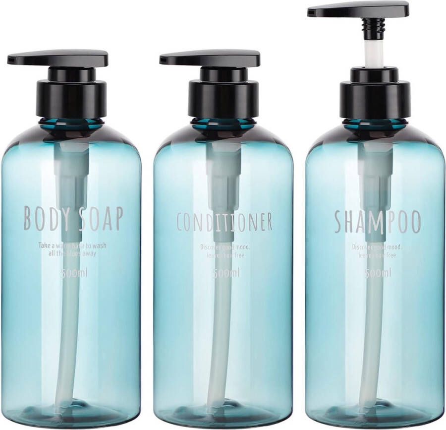 3 stuks zeepdispenserflessen voor badkamer 500 ml navulbare pompflessen voor vloeibare zeep shampoo conditioner douchegel hotel thuis kunststof pers dispenser blauwe shampoodispenser