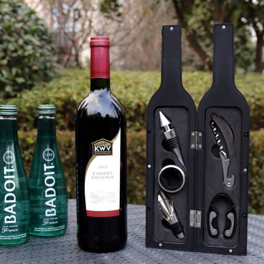 Merkloos Sans marque Decopatent 6-Delige Luxe Wijnset in Wijnfles vorm Wijn fles accessoires Set Wine tools Wijn Kurken trekker In Luxe Fles opbergbox Cadeau set
