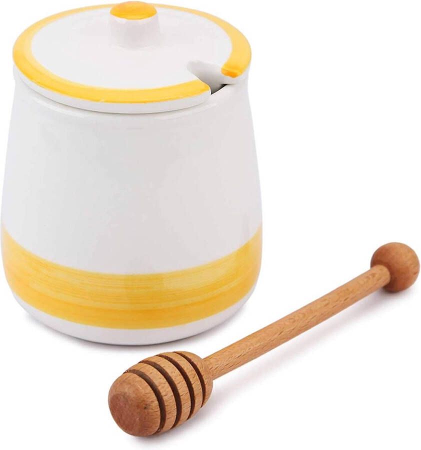 Keramische honingpot 390 ml (13 3 oz) met houten lepel en deksel voor thuiskeuken honing en siroop porseleinen honingcontainer voor opslag (geel)