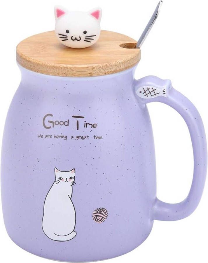 Keramische kom 420 ml mooie kat met lepel en houten deksel koffie water melk beker om te drinken Lila