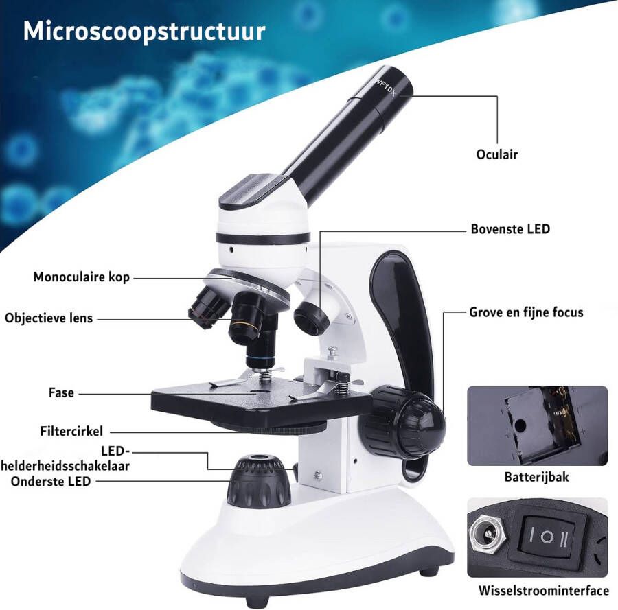 Microscoop voor volwassen studenten met 40X-2000X vergroting dubbele LED-verlichting wetenschap kits draagtas AC-adapter en 15 objectglaasjes voor Lab Class Study