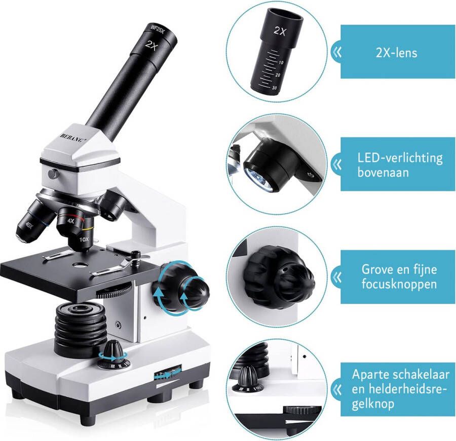 Microscoop voor Kinderen en Volwassenen Wetenschap Accessoires LED Verlichting Tot X2000 Wit