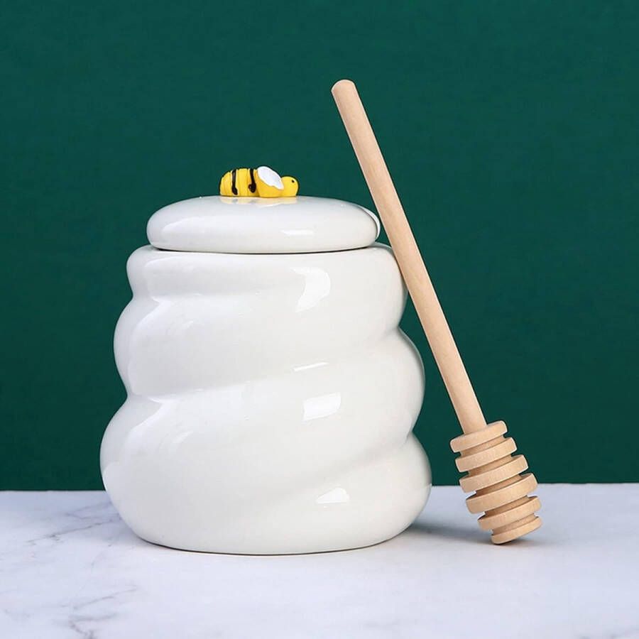 Porseleinen honingpot 16oz keramische honingpot met deksel en houten lepel voor thuiskeuken Porseleinen honingcontainer voor opslag (wit)