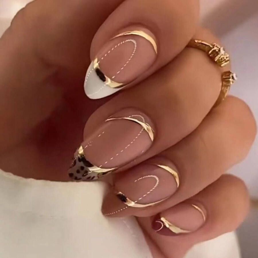 Press On Nails Nep Nagels Goud Roze Panter Almond Manicure Plak Nagels Kunstnagels nailart Zelfklevend