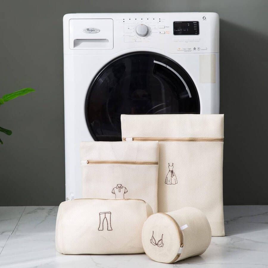 Set van 4 netwaszakken dubbellaags verdikte waszakken beha-waszakken veelzijdig wasnet voor wasmachine met ritssluiting (beige)