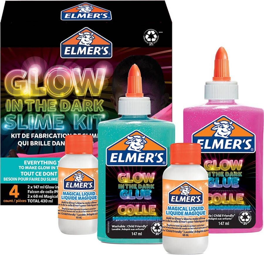 Elmer's Elmer s in het donker oplichtende slijmkit de slijmtoebehoren bevatten in het donker oplichtende lijm (blauw en roze) en Elmer s Magische vloeibare slijmactivator (x 2) slime kit van 4 stuks