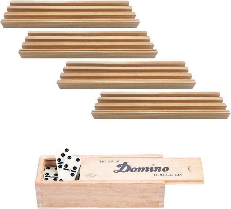 Engelhart 4x Dominostenenhouder met domino spel in houten doos 28x stenen Kaarthouders Standaarden