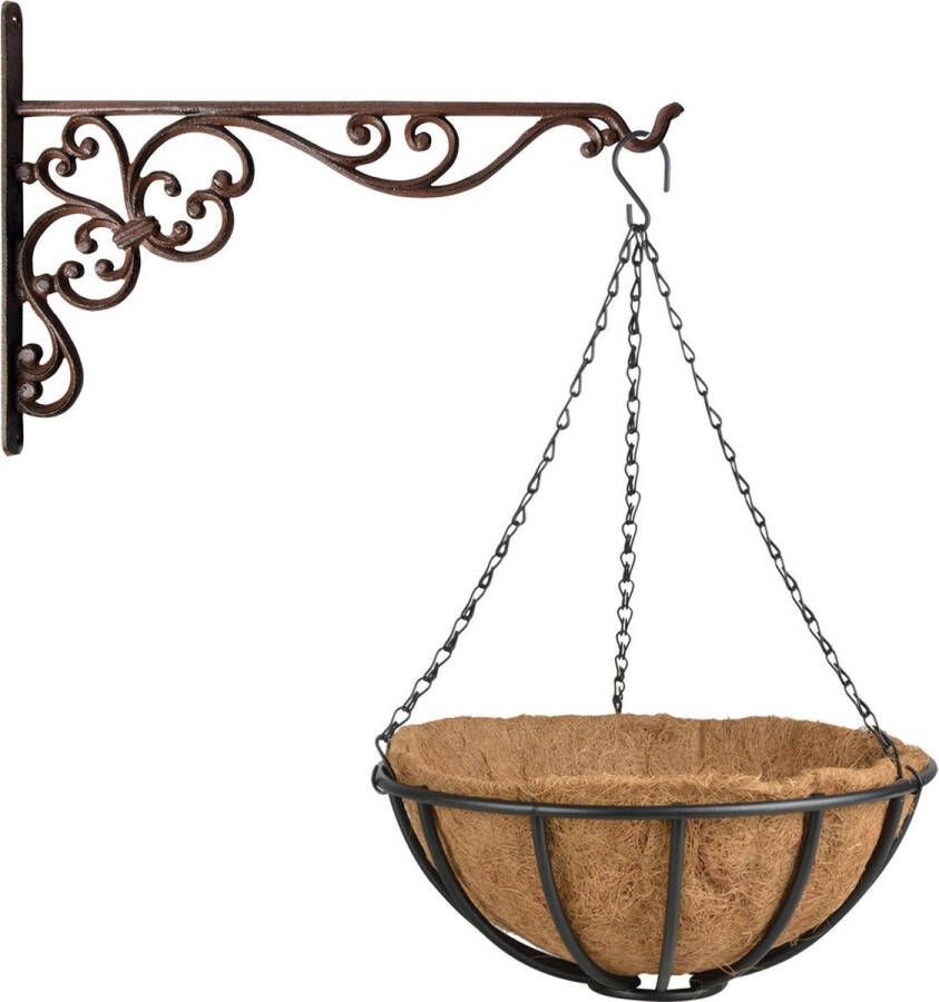 Esschert Design Hanging basket 35 cm met ijzeren muurhaak en kokos inlegvel Complete hangmand set van gietijzer