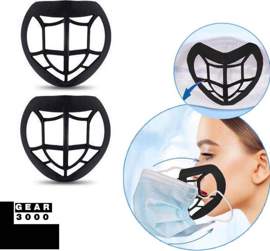 GEAR3000 Innermask 2 stuks Bracket 3D voor mondkapje Sillicone PE vergemakkelijkt ademen beschermt make up herbruikbaar zwart