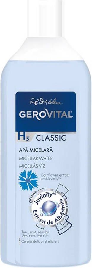 Gerovital H3 Classic Micellair water Korenbloemextract en Juvinity hyaluronzuur 400ml voor de droge gevoelige huid