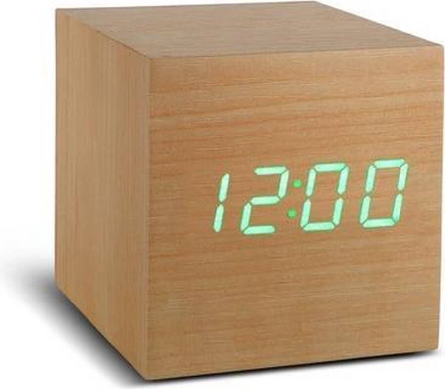 Gingko Cube click clock Alarmklok Beuken|LED Groen