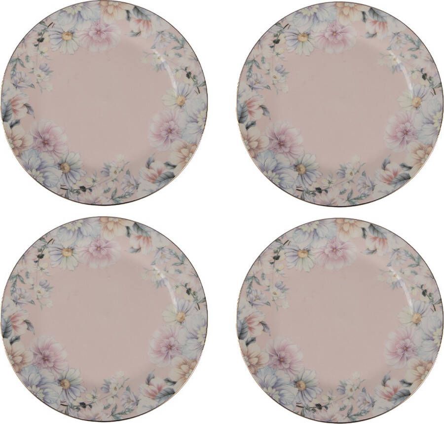 HAES deco Ontbijtborden set van 4 Formaat Ø 18x2 cm kleuren Roze Bedrukt Porselein Collectie: Flowers Servies kleine borden