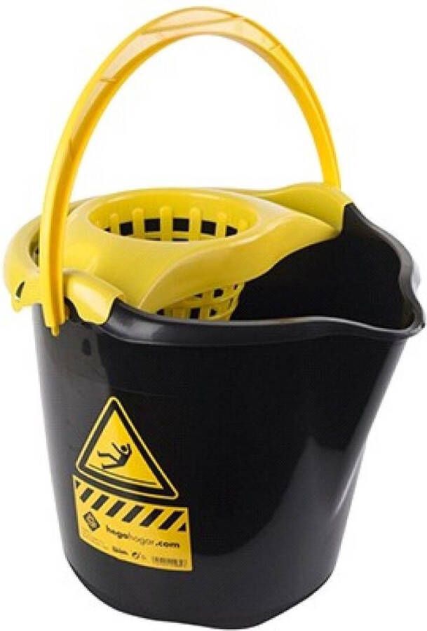 Hega hogar 1x Dweilemmers mopemmers 13 5 liter zwart geel caution 32 x 30 cm Vloer reinigen dweilen Kunststof plastic dweil emmer Schoonmaakartikelen