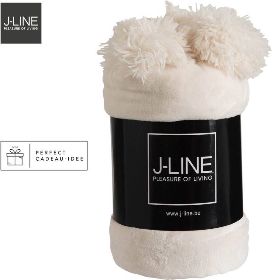 J-Line Plaid Pompom fleece deken polyester creme 170 x 130 cm woonaccessoires