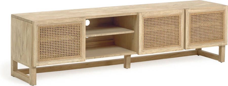Kave Home Rexit TV-meubel met 3 deuren in massief hout en mindifineer met rotan 180 x 50 cm
