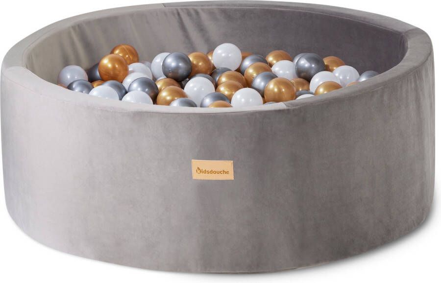 Kidsdouche Ballenbak velvet baby speelgoed 1 jaar safari grijs- ballenbad met 200 ballen goud zilver wit