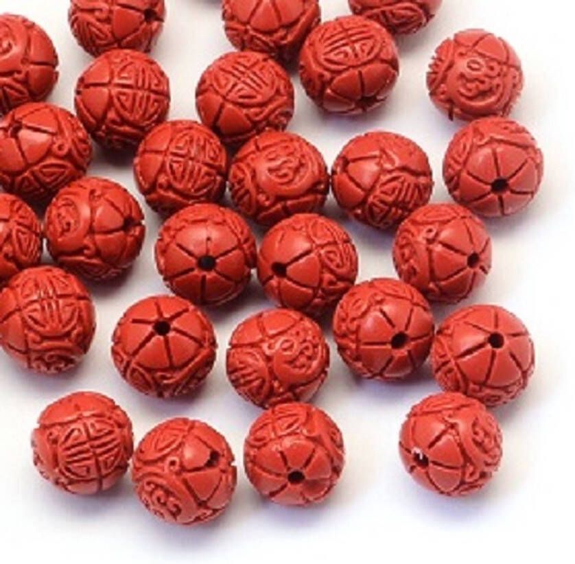 Kingsley-hobby.com Natuurstenen kralen handgesneden rode Cinnabar ronde kralen van 11mm. Per 50 stuks